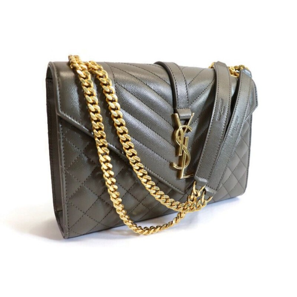 SAINT LAURENT - Medium Chocolate Pebbled Leather Tri-Quilt Envelope Shoulder Bag